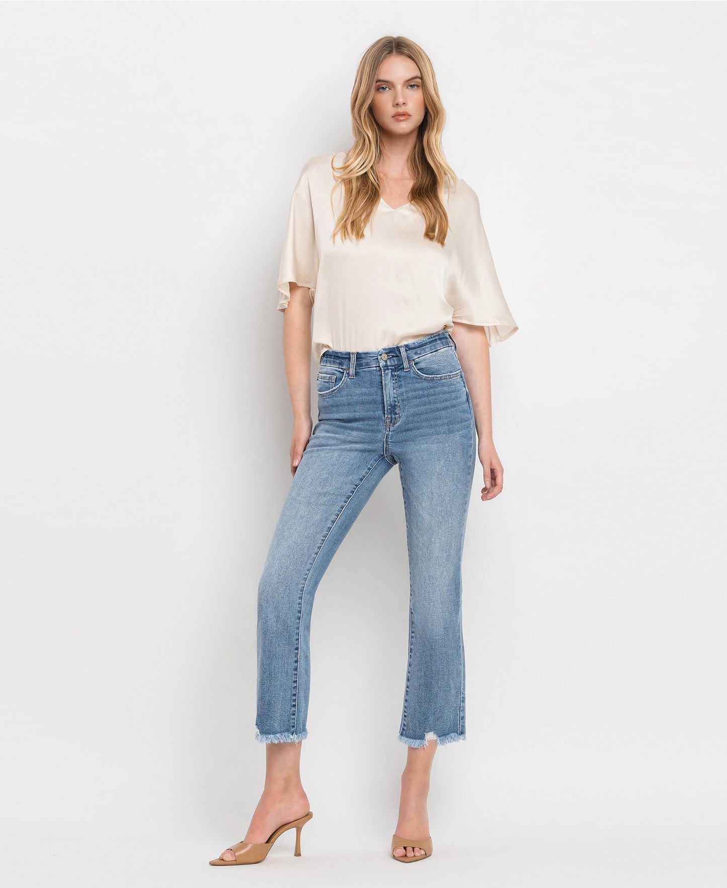 High Rise Frayed Hem Crop Flare Jeans