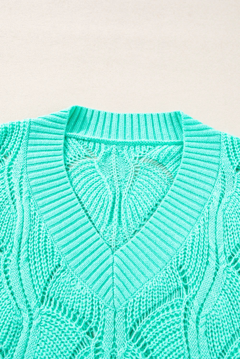 Mint Green Hollow Out Knit V Neck Drop Shoulder Sweater