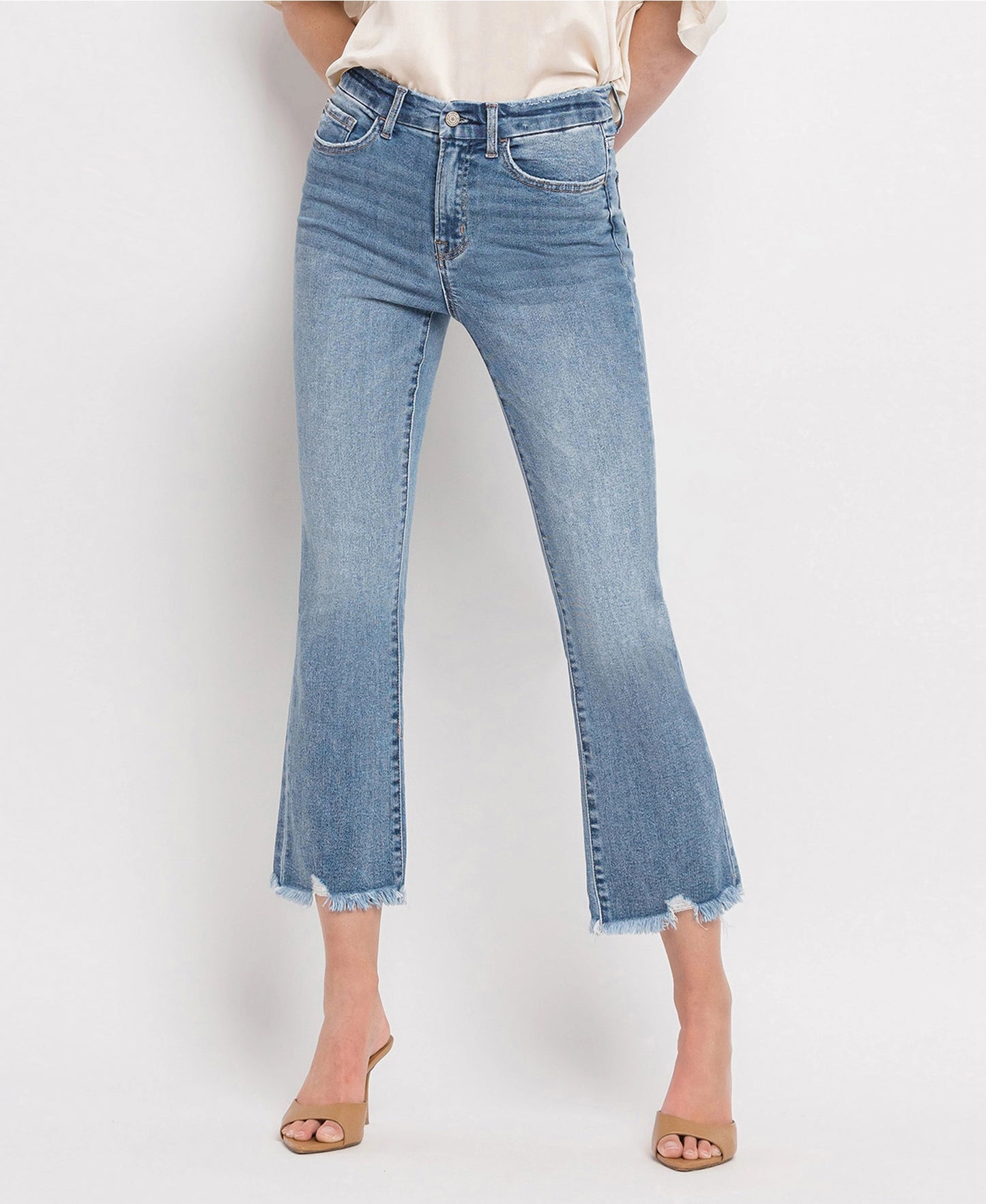 High Rise Frayed Hem Crop Flare Jeans