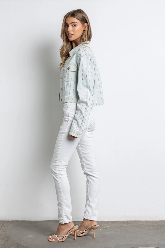 Rhinestone Button Down Cropped Denim Jacket