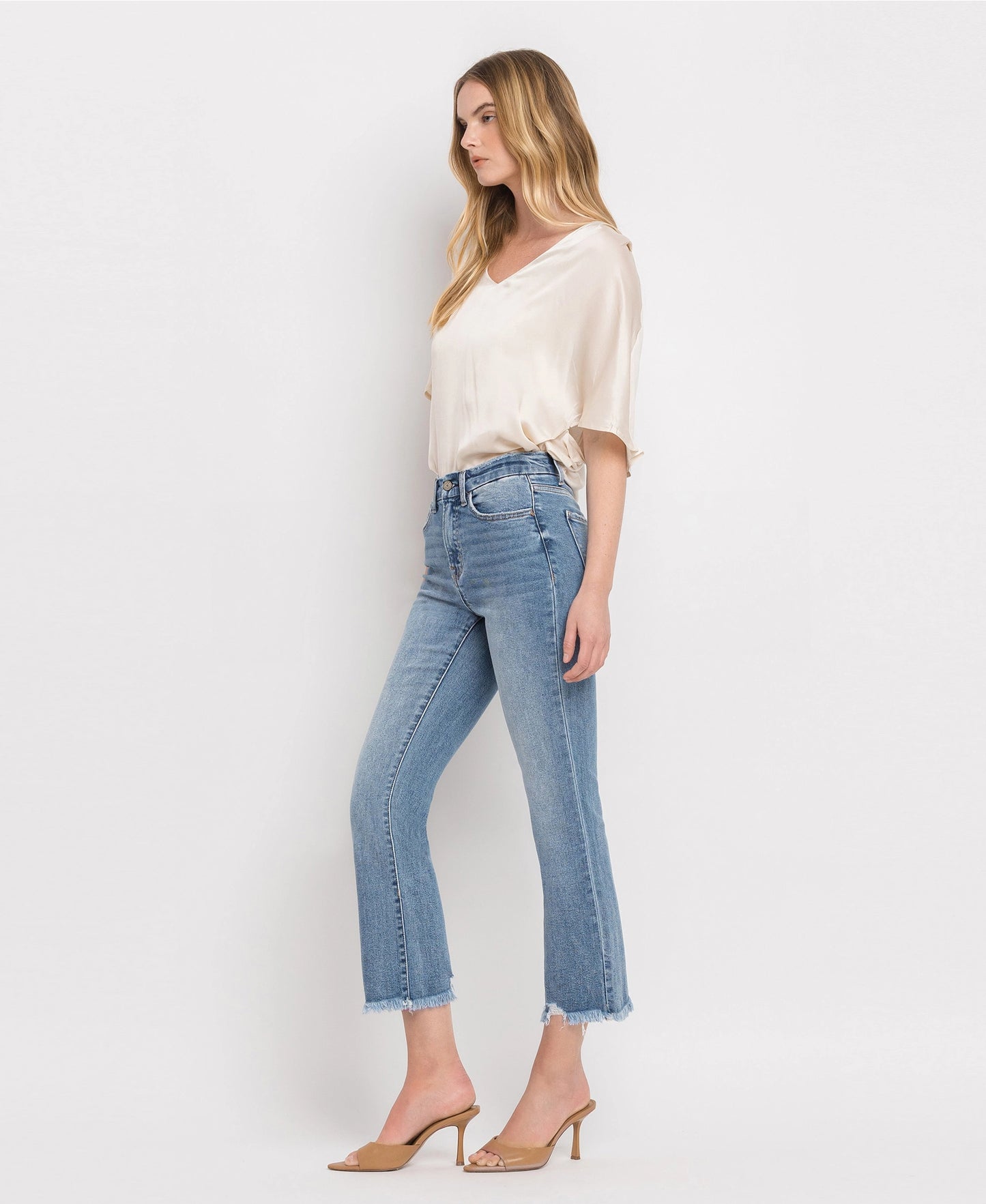 High Rise Frayed Hem Crop Flare Jeans