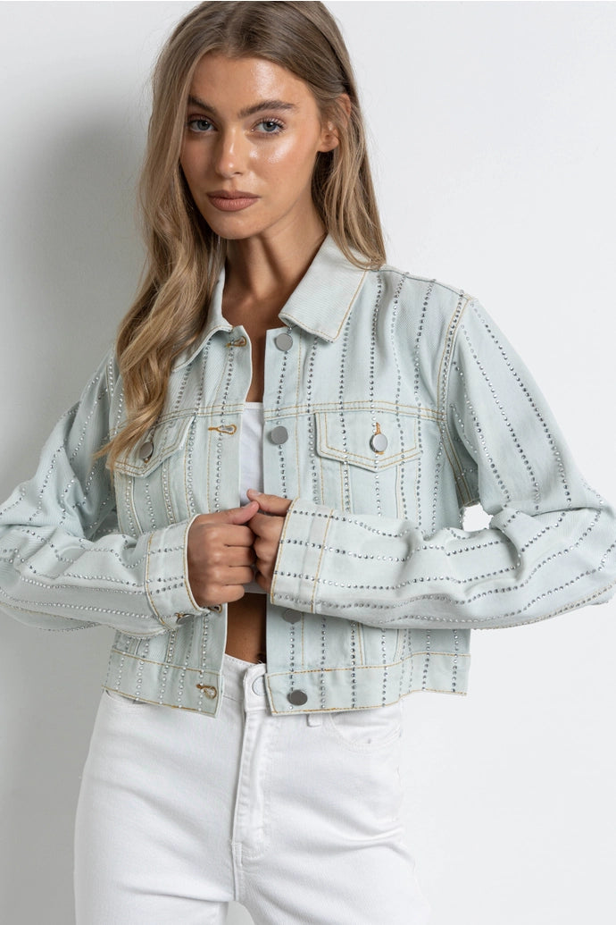 Rhinestone Button Down Cropped Denim Jacket