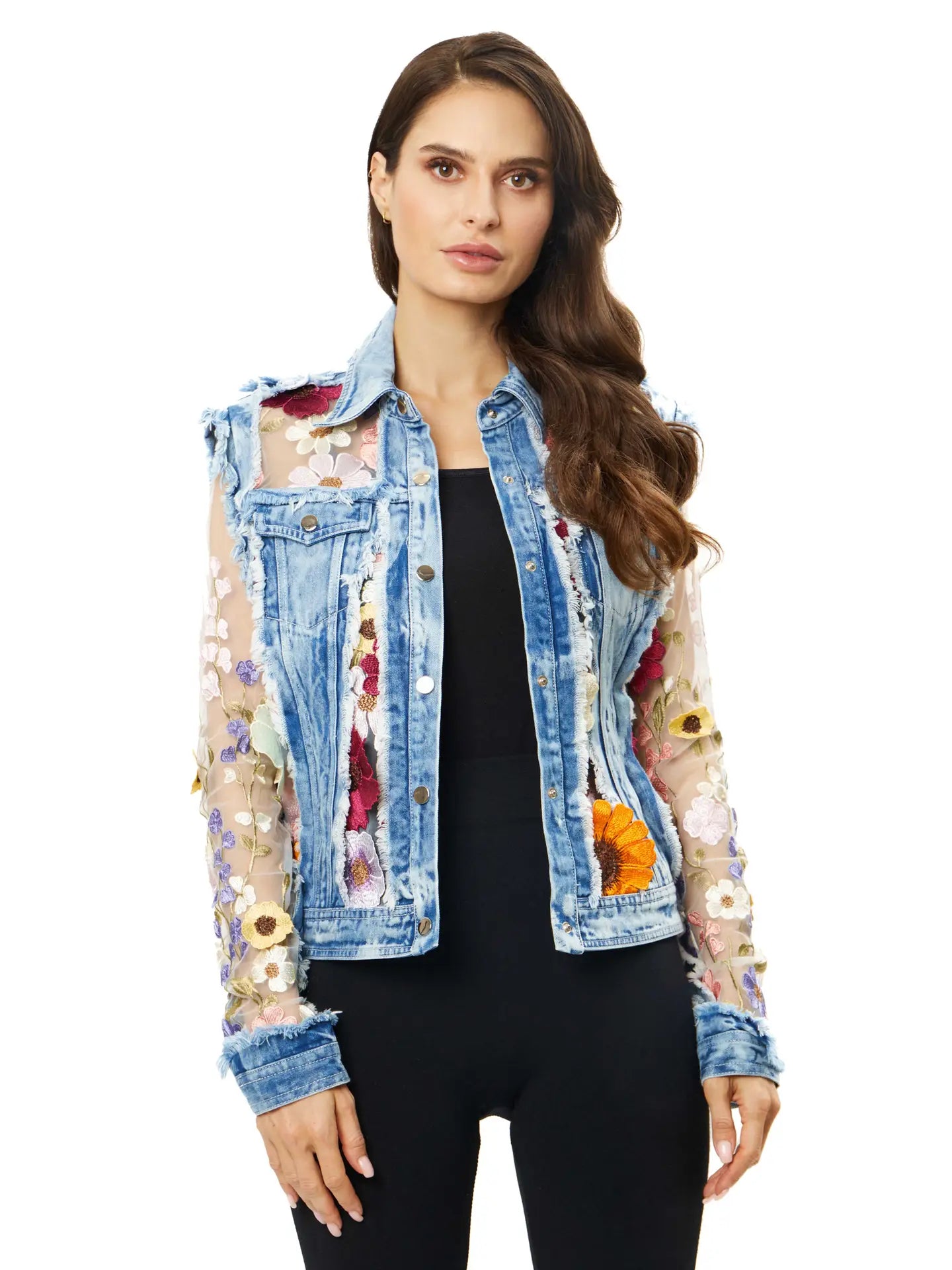 2406 - Denim Lace Jacket with Floral Embroidery – The Stylish B