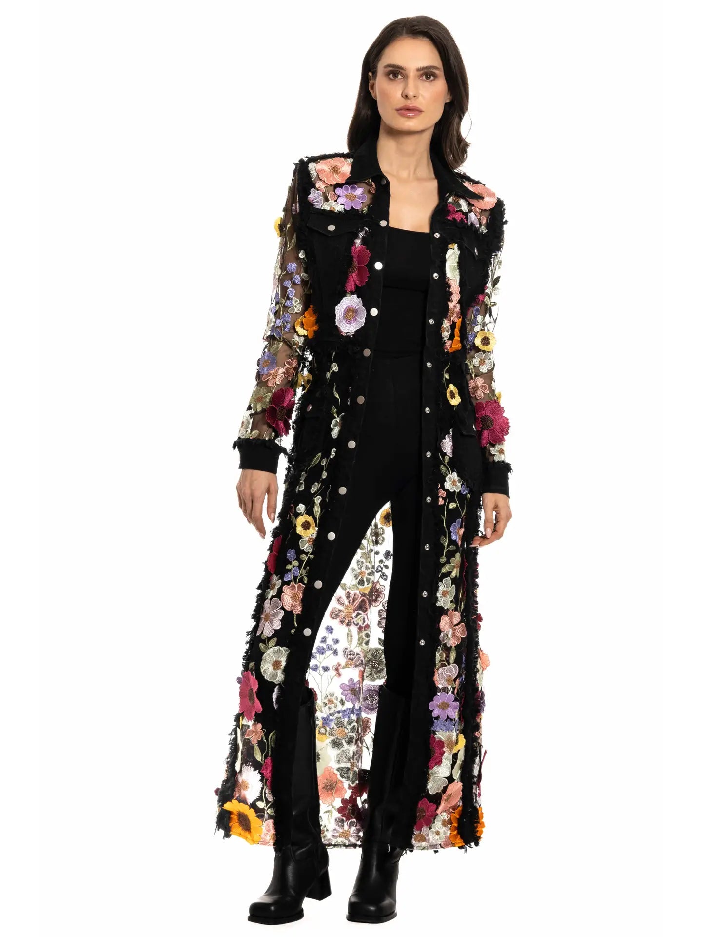 Long Denim Embroidered Duster Jacket