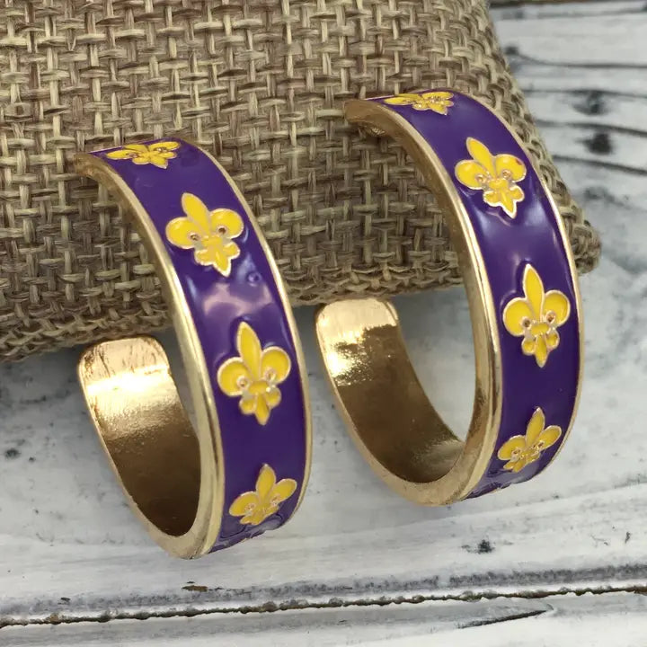 Purple and Gold Fleur De Lis Hoop Earrings
