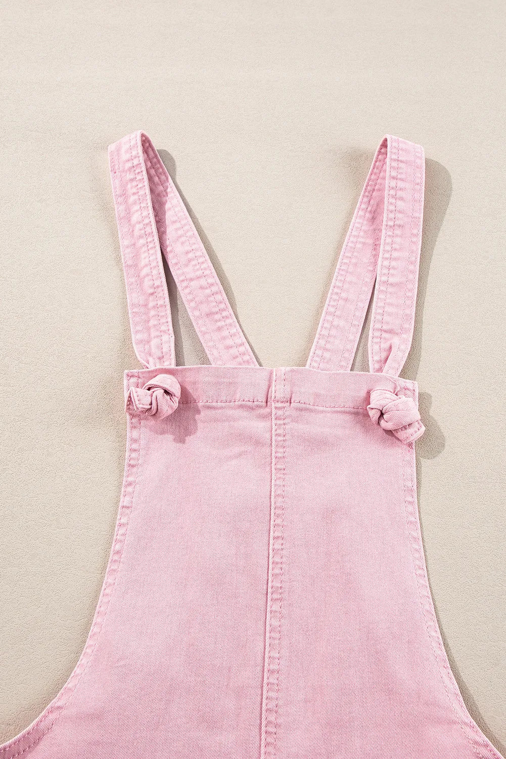 Pink Solid Color Knot Straps Denim Romper with Pockets