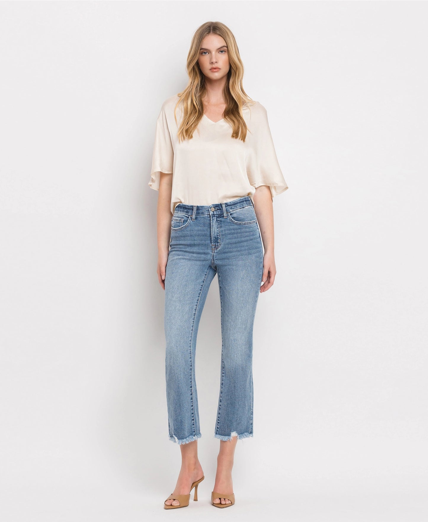 High Rise Frayed Hem Crop Flare Jeans