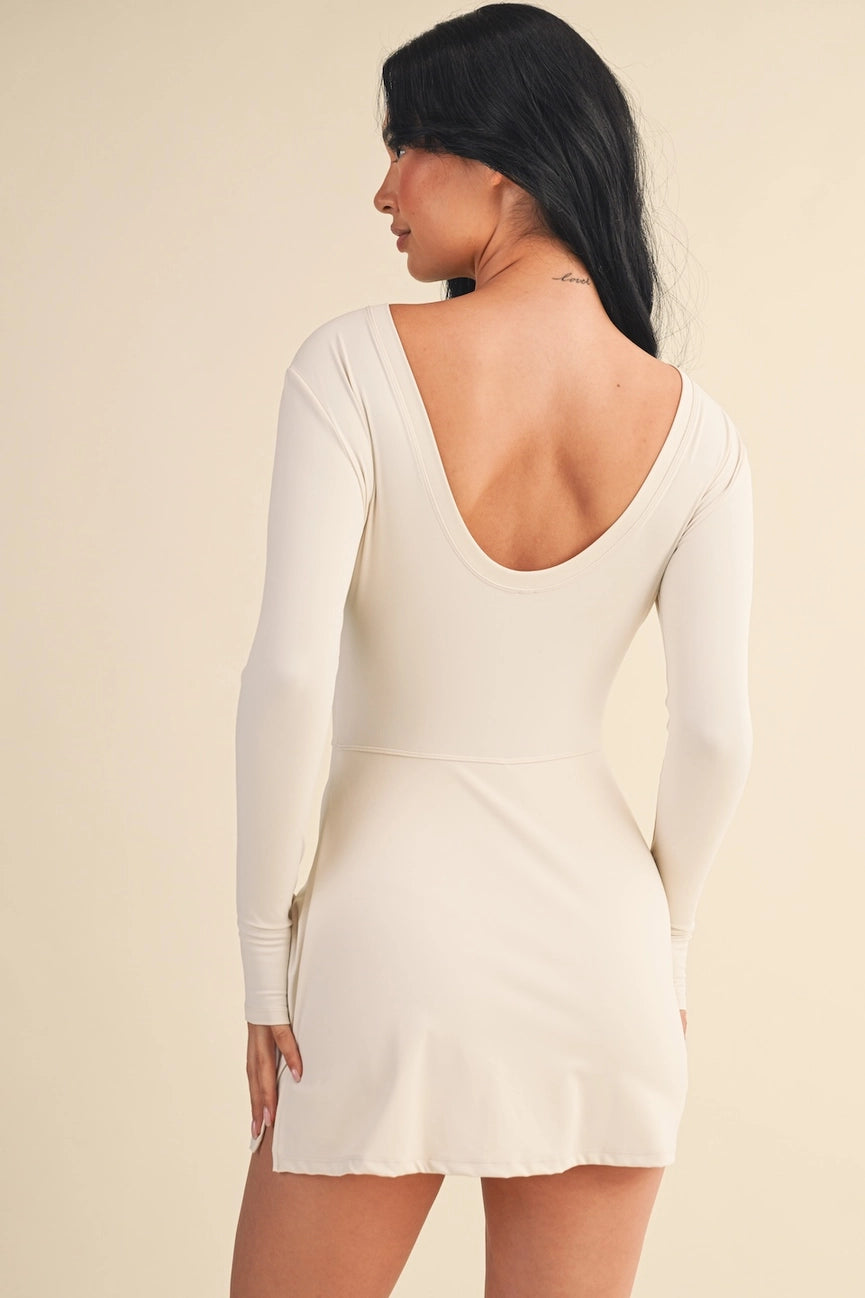 Cream Long Sleeve Wrap Tie Front Dress