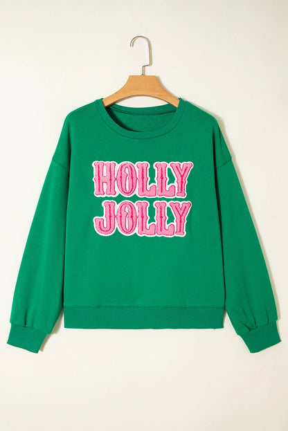 Green HOLLY JOLLY Towel Embroidered Christmas Holiday Sweatshirt