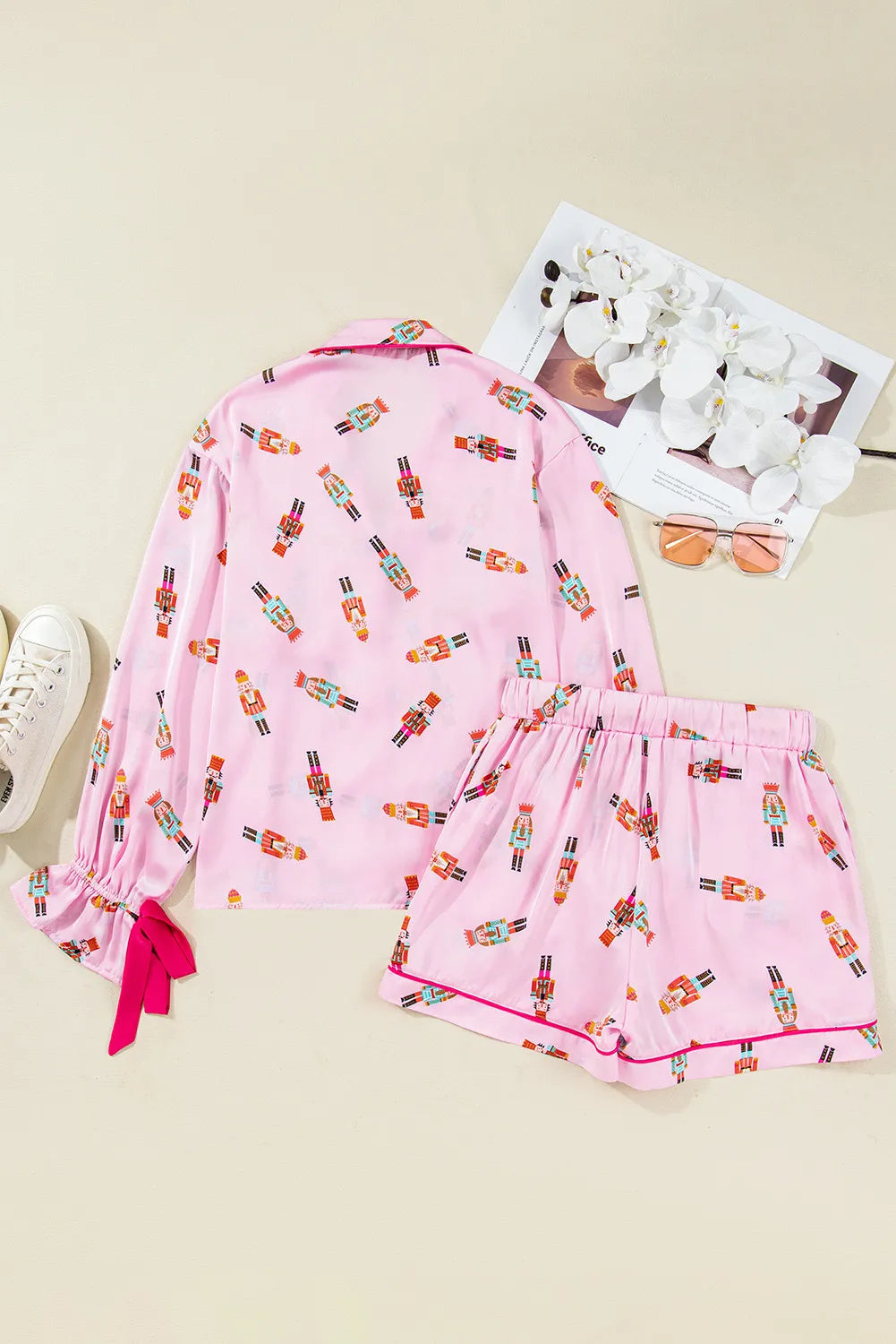 Pink Nutcracker Print Contrast Trim Tied up Bow Silky 2pcs Pajama Set