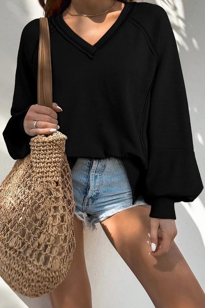 Black Exposed Seam Textured Knit V Neck Pullover Top
