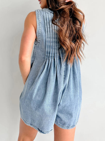 V-Neck Lace-Up Sleeveless Denim Shorts Jumpsuit