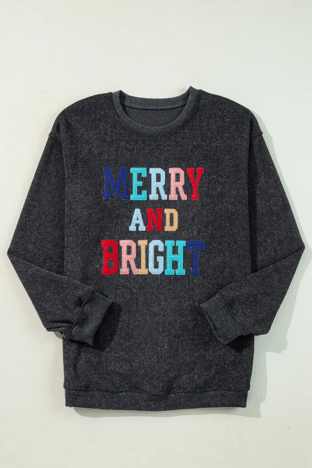 Black MERRY AND BRIGHT Embroidered Corded Sweatshirt
