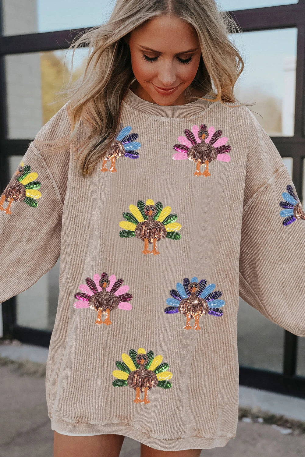 Apricot Turkey Graphic Corded Baggy Sweatshirt