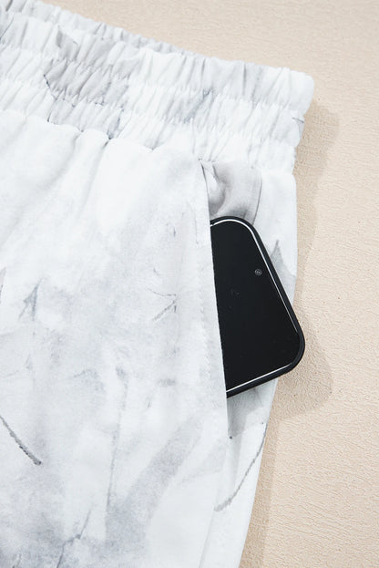 Beige Camo Print Pullover Top and Elastic Waist Casual Short Set