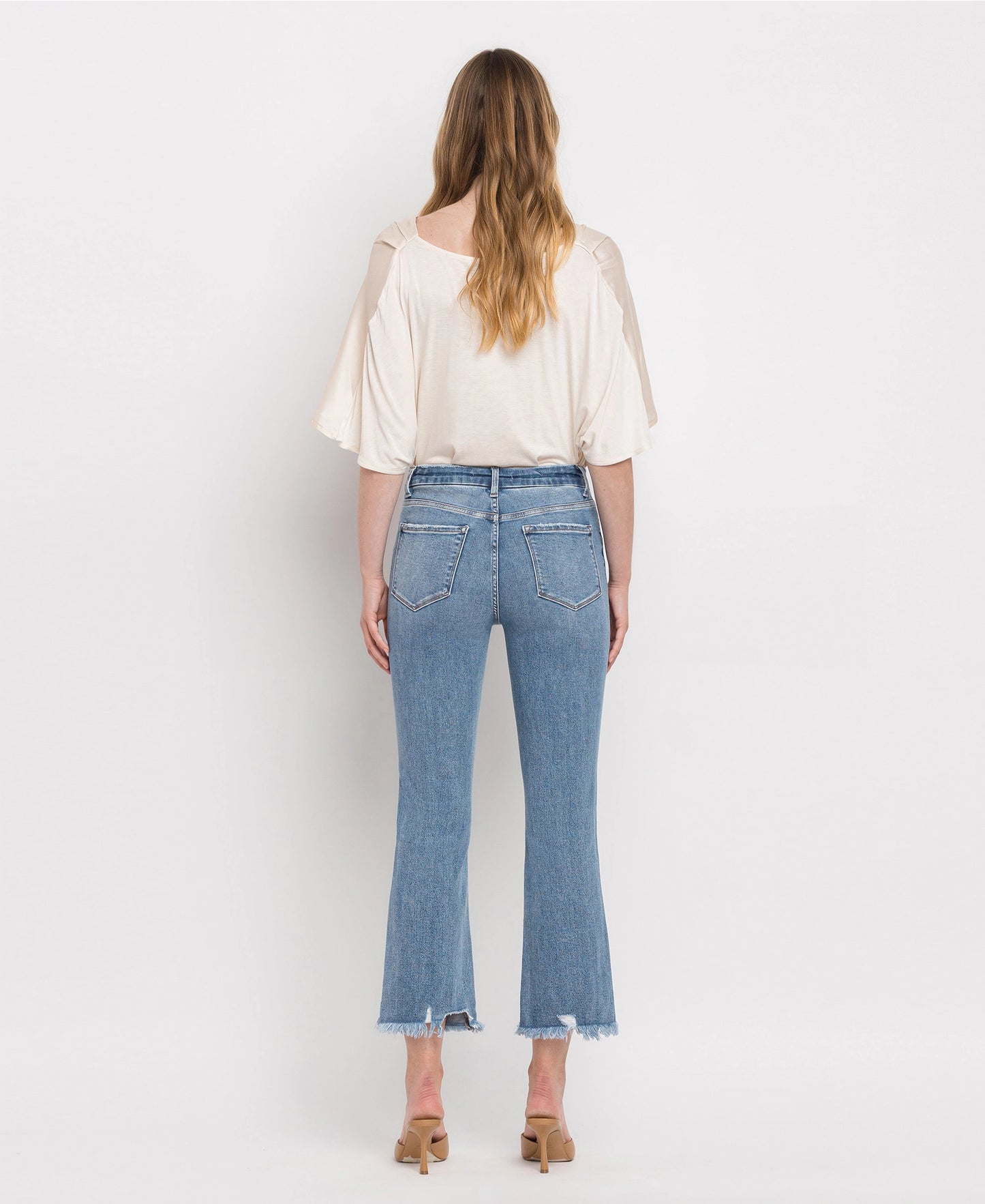 High Rise Frayed Hem Crop Flare Jeans