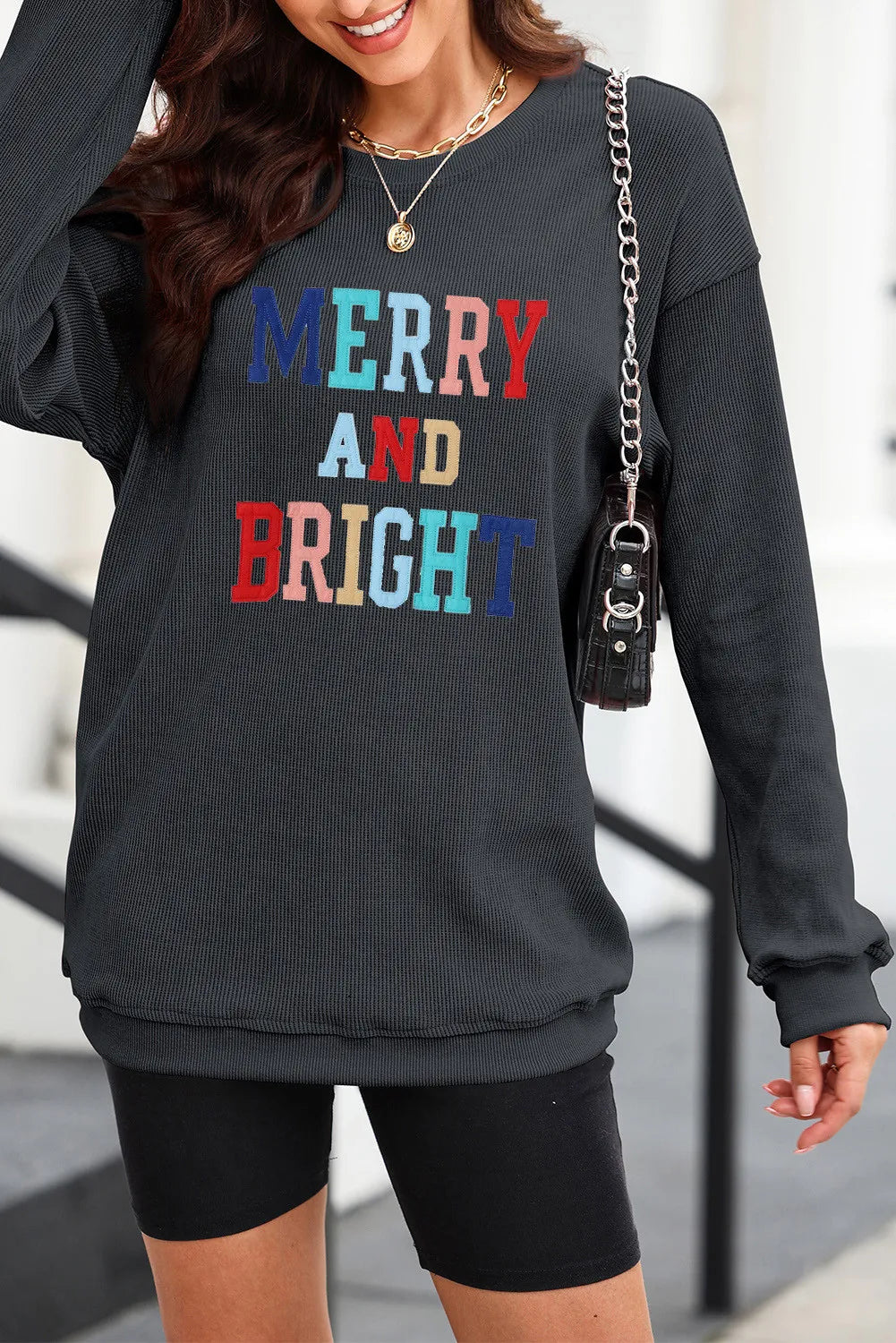 Black MERRY AND BRIGHT Embroidered Corded Sweatshirt