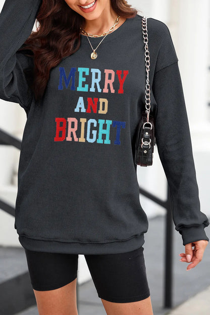 Black MERRY AND BRIGHT Embroidered Corded Sweatshirt