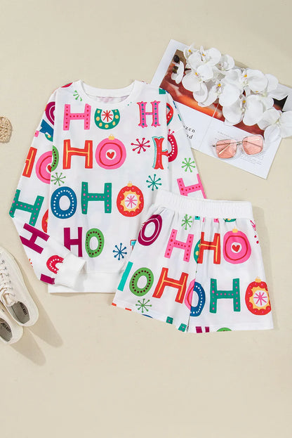 White Ho Ho Ho Christmas Fashion Print 2pcs Lounge Short Set