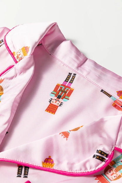 Pink Nutcracker Print Contrast Trim Tied up Bow Silky 2pcs Pajama Set