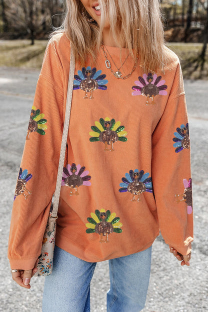 Orange Turkey Graphic Corded Baggy Sweatshirt