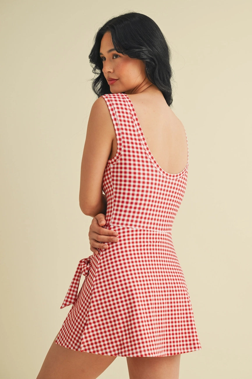 Gingham Print Sleeveless Wrap Tie Front Dress