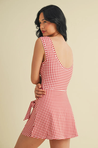 Gingham Print Sleeveless Wrap Tie Front Dress