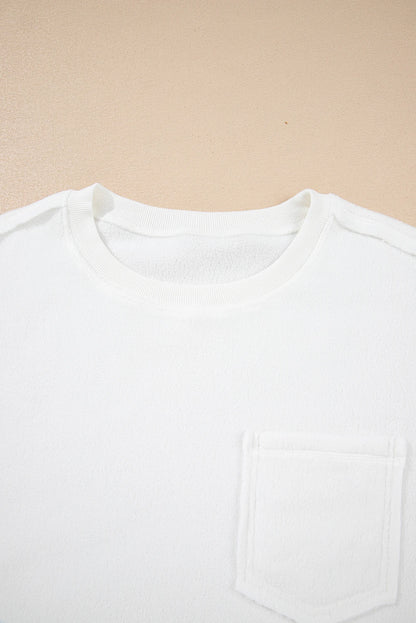 White Exposed Seam Chest Pocket Knit Pullover Sweatshirt