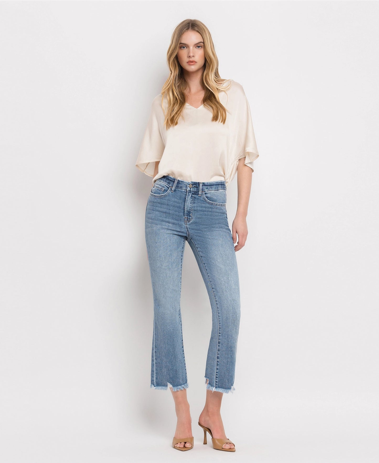 High Rise Frayed Hem Crop Flare Jeans