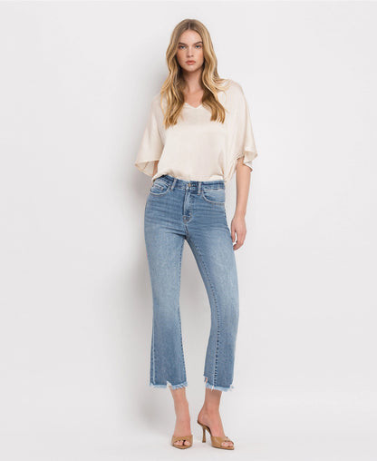 High Rise Frayed Hem Crop Flare Jeans