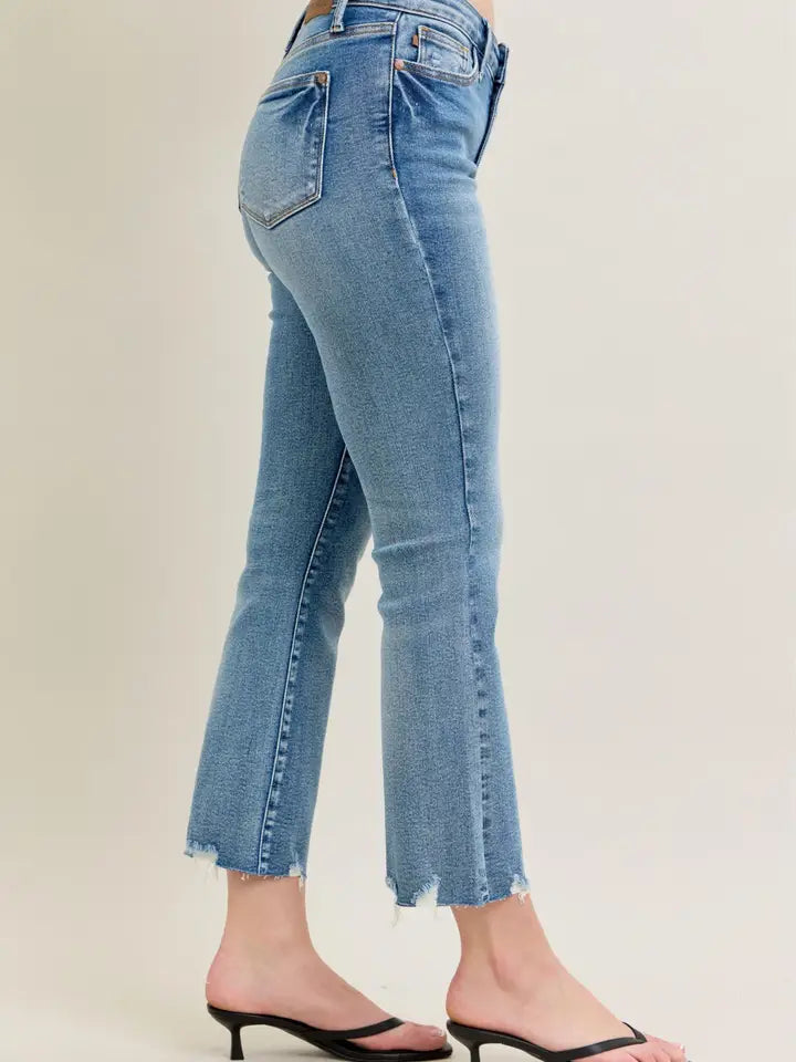 Judy Blue Mid Rise Vintage Wash Destroy Hem Kick Flare