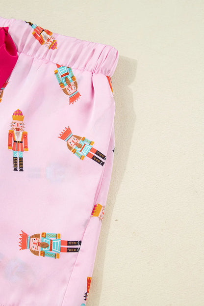 Pink Nutcracker Print Contrast Trim Tied up Bow Silky 2pcs Pajama Set