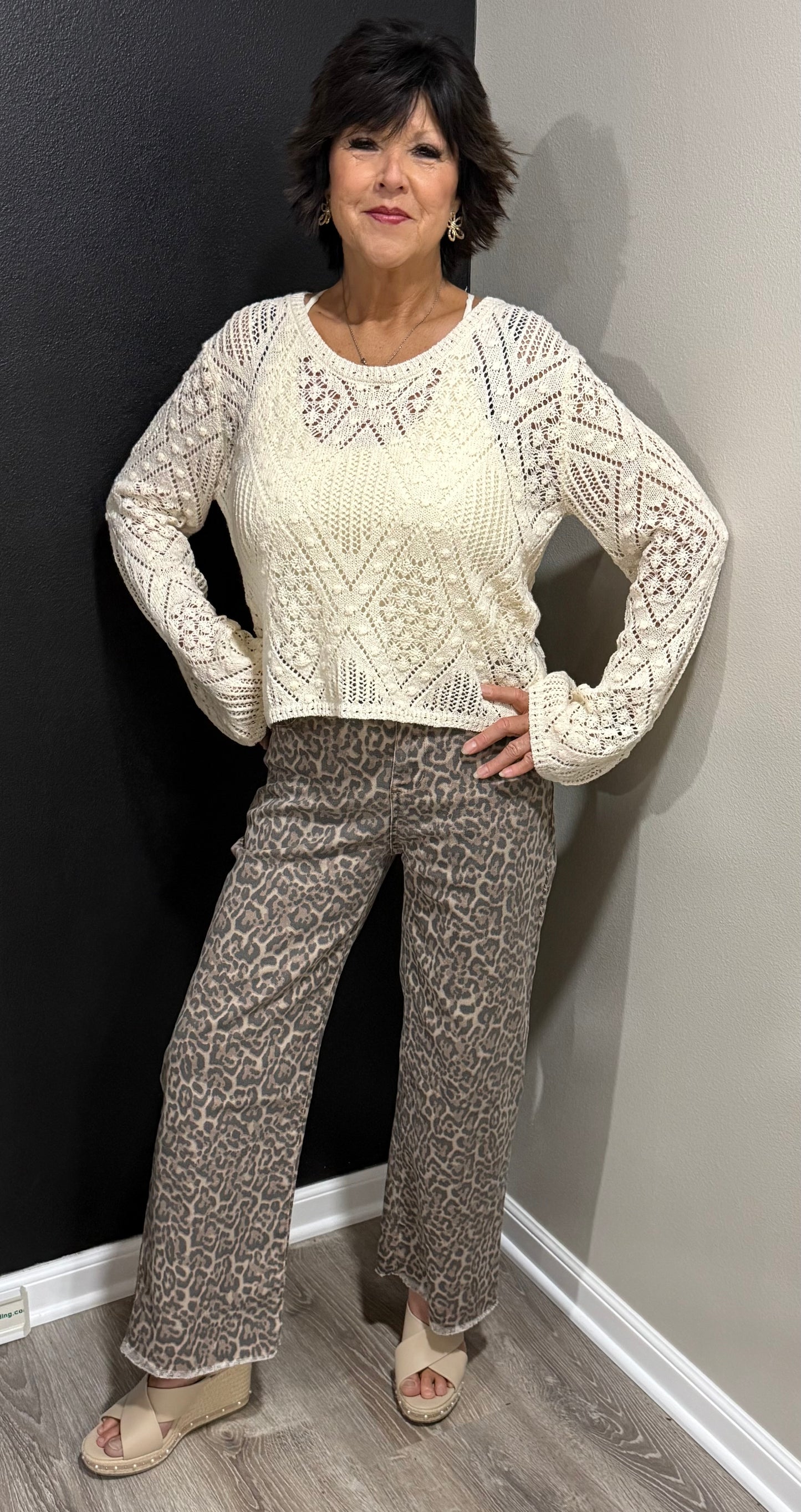 Brown leopard frayed edge, wide leg, high waist jeans