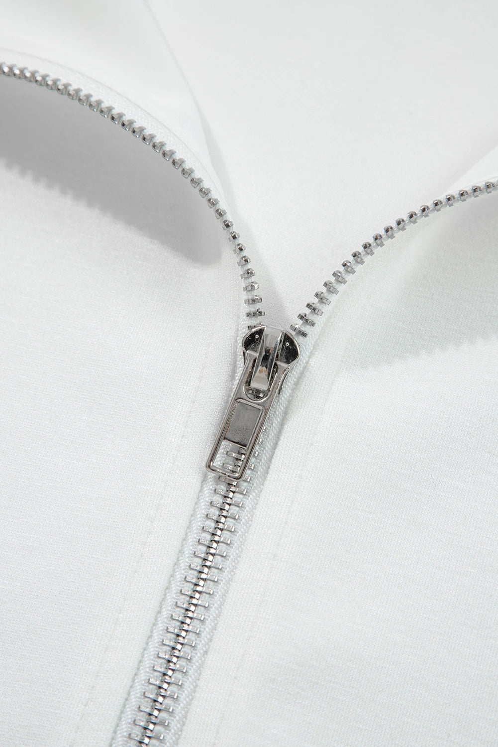 White Solid Color Zip Up Knit Puff Sleeve Jacket