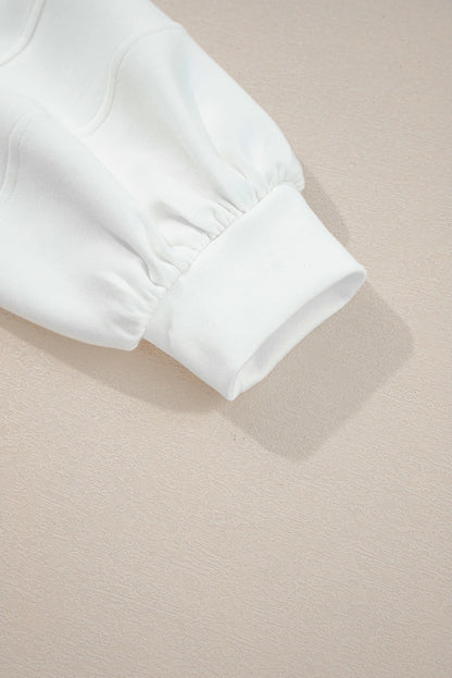 White Solid Color Zip Up Knit Puff Sleeve Jacket