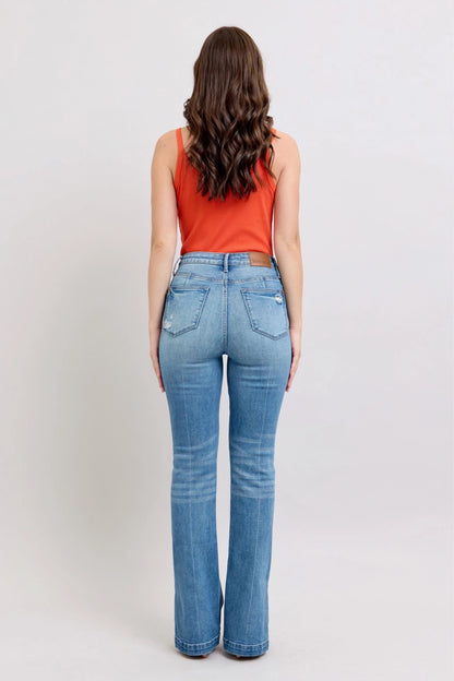 Judy Blue High High Waist Tummy Control Vintage Wash Side Slit Bootcut, Inseam 32"