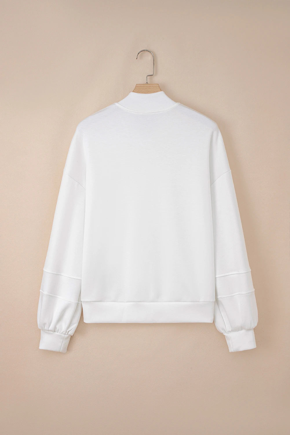 White Solid Color Zip Up Knit Puff Sleeve Jacket