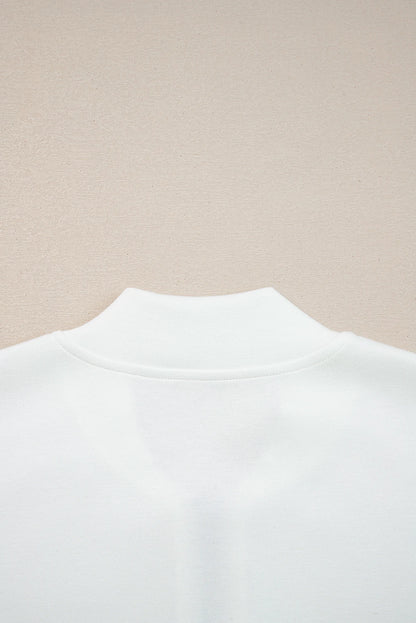 White Solid Color Zip Up Knit Puff Sleeve Jacket