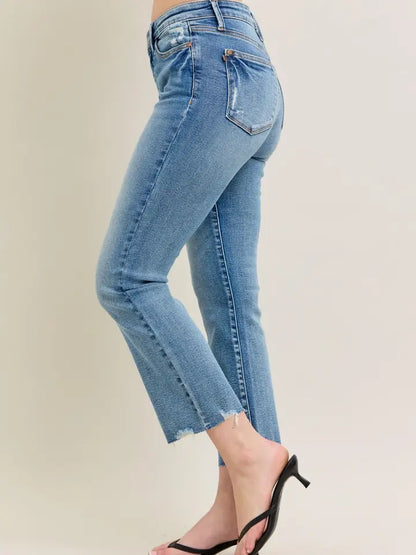 Judy Blue Mid Rise Vintage Wash Destroy Hem Kick Flare