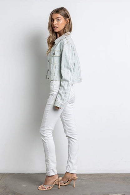 Rhinestone Button Down Cropped Denim Jacket