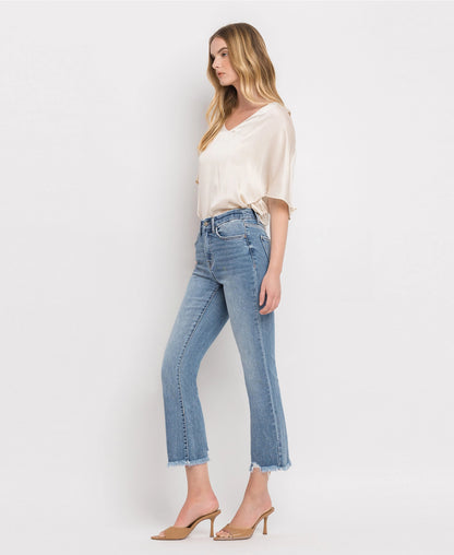 High Rise Frayed Hem Crop Flare Jeans