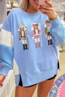 BLUE SEQUIN NUTCRACKER TEXTURED SLEEVE PATCHWORK COLOR BLOCK SWEATSHIRT