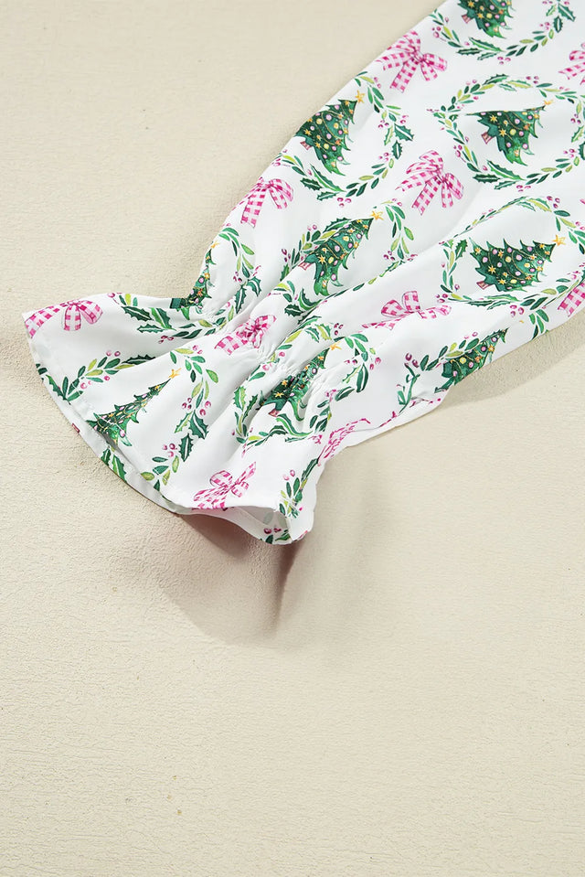Green Christmas Fashion Print Velvet Trim Bow Knot Pajama 2pcs Short Set