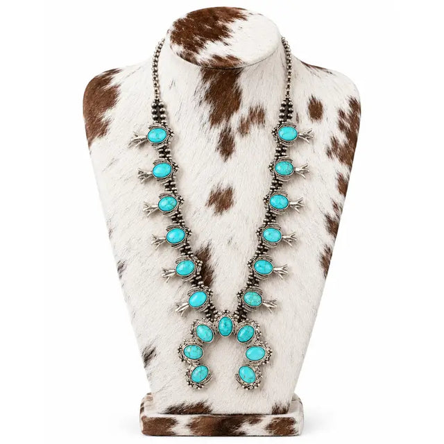 Western Navajo Style Squash Blossom Stone Necklace