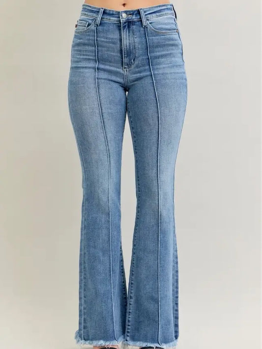 High Waisted Flare Front Pintuck Detail & Fray Hem