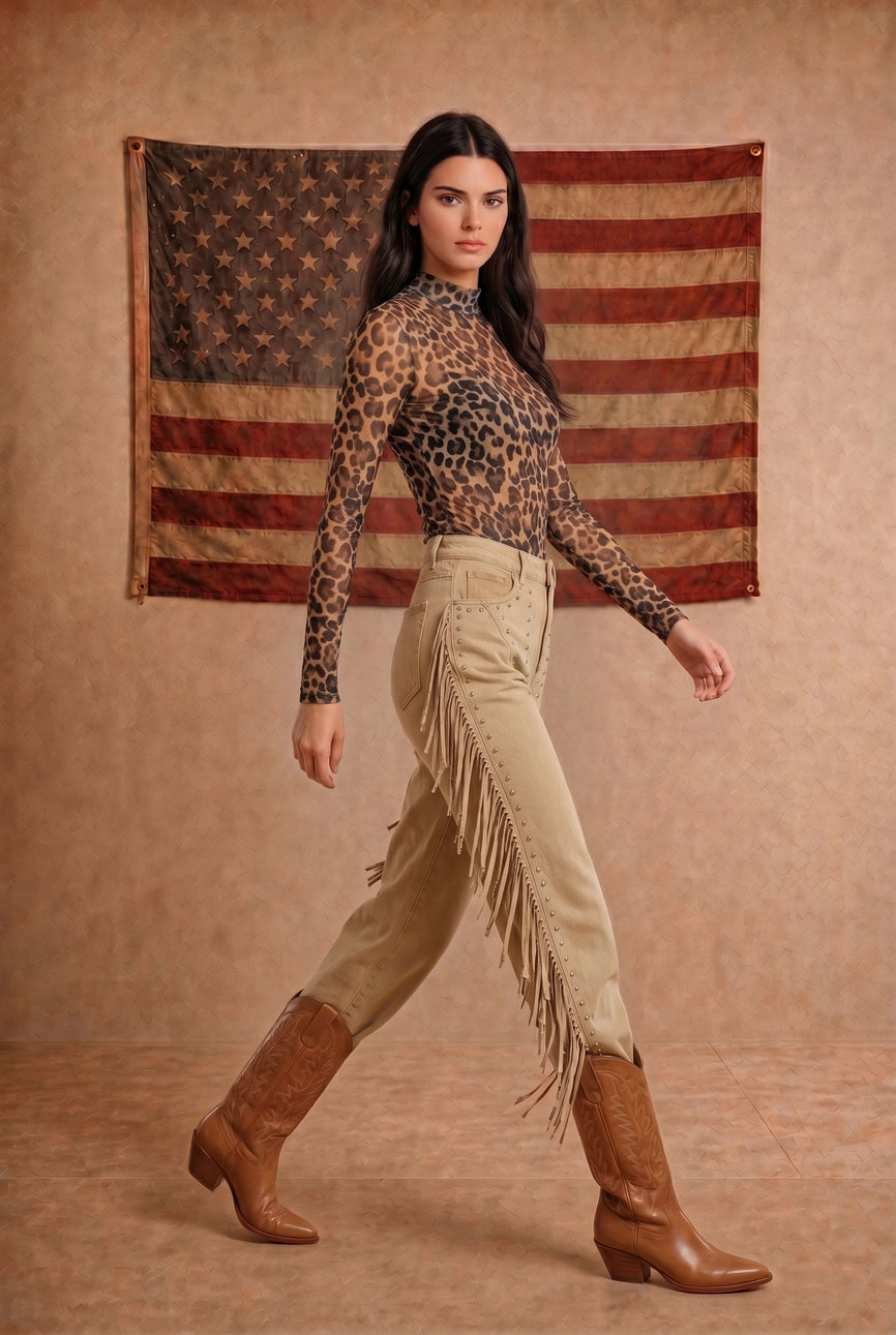 Leopard Mesh Mock Neck Fitted Top
