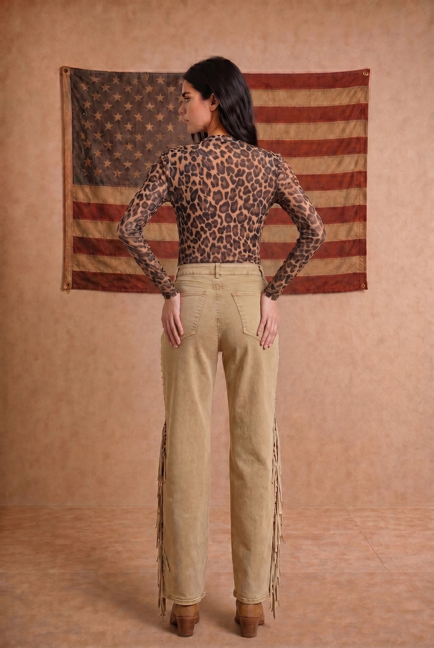 Leopard Mesh Mock Neck Fitted Top