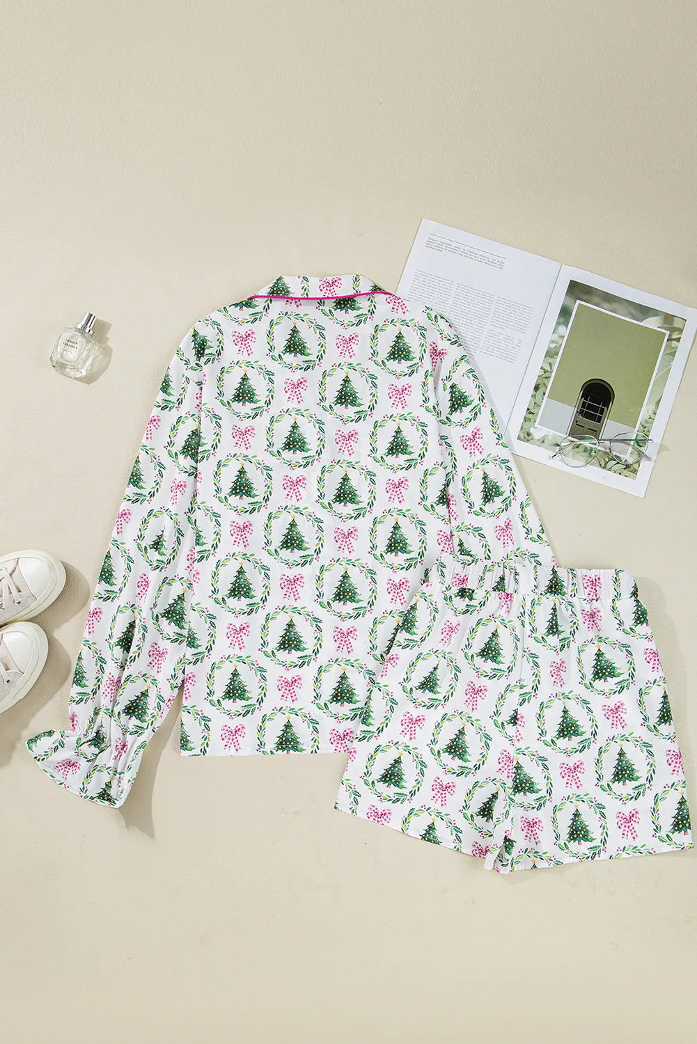 Green Christmas Fashion Print Velvet Trim Bow Knot Pajama 2pcs Short Set