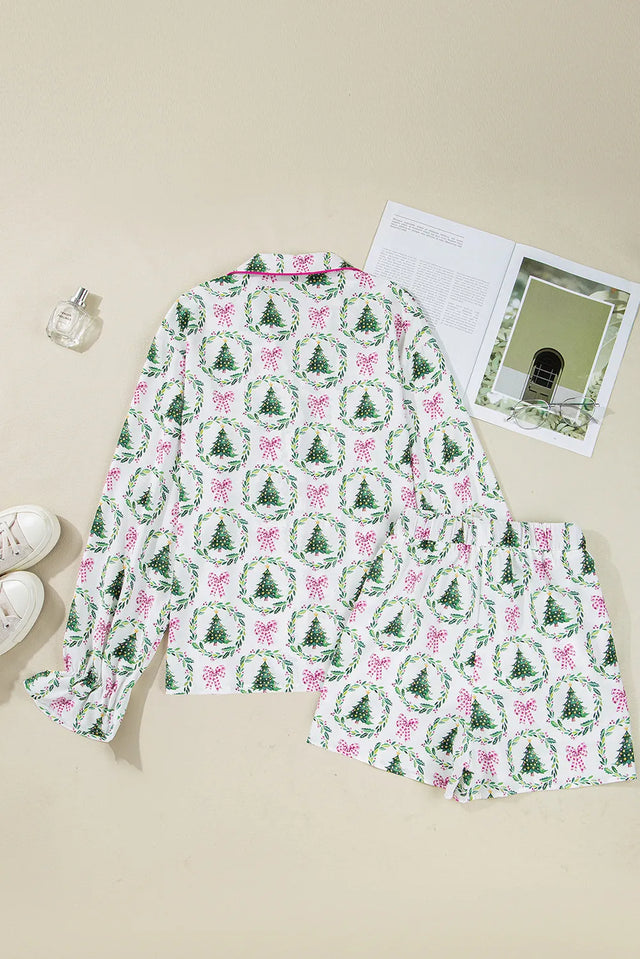 Green Christmas Fashion Print Velvet Trim Bow Knot Pajama 2pcs Short Set