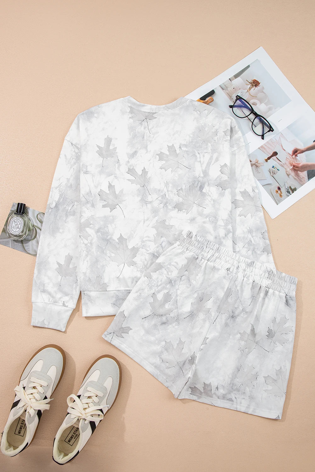 Beige Camo Print Pullover Top and Elastic Waist Casual Short Set